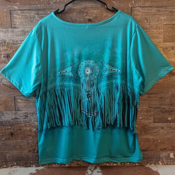 New Turquoise Green Faux Fringe Look Tee - Picture 9 of 15